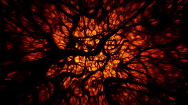 Conceptual plasma matter or anti-matter background. Ethereal dark evil red alien glowing Orcus of hell. Mystical abstract 3D animation with writhing, squirming, dark branches in a nightmare inferno of