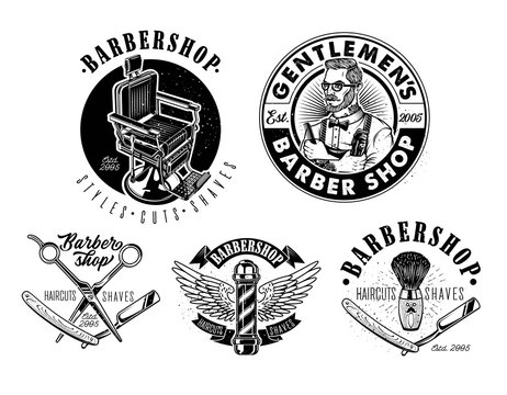 Set of Vintage Barbershop Emblems, Labels and Logos.The Barber with Hair Clipper and Hairbrush. Vintage Barber Chair. Vector Illustration.