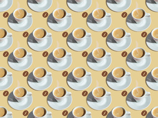 Seamless pattern with a cup of coffee and painted coffee bean on a light beige background. Pattern.