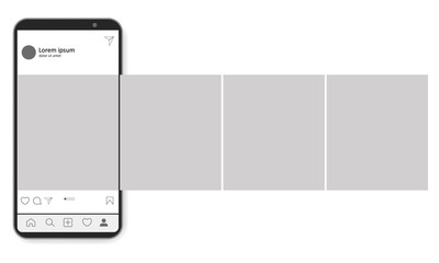 Carousel interface post on social network. Mock up of smartphone. Mobile application on the screen of realistic phone. Vector illustration on white background.