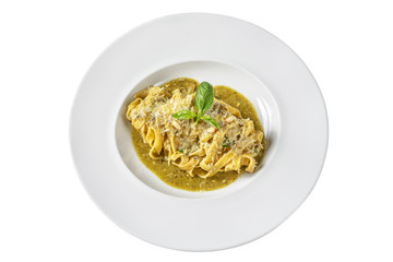 Italian dish tagliatelle. Top view. On white background.