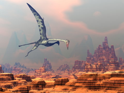 Quetzalcoatlus flying upon a canyon by beautiful sunset - 3D render