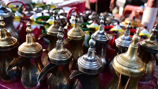 Traditional and heritage Arabic Coffee metal pot located in Riyadh, Saudi Arabia.