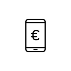 Euro sign on tablet screen vector icon in linear, outline icon isolated on white background