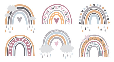 Set of rainbows with hearts, clouds, rain in childish scandinavian style style isolated on white background. Perfect for kids, posters, prints, cards, fabric. - obrazy, fototapety, plakaty
