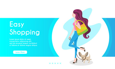 Stylish girl with long hair walking with a dog