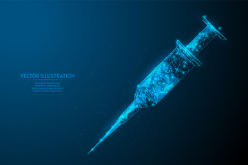 Medical syringe injection with needle injection medicine close up. The concept of antibiotics, vaccines. Innovative medicine and technology. 3d low poly wireframe vector illustration.