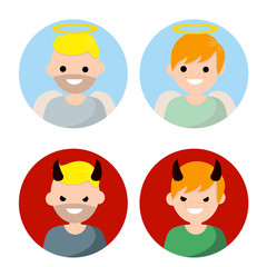 Angel and devil. Avatars for social networks. Good and evil. Nice and bad character. Man and boy with halo, wings and horns. Cartoon flat illustration