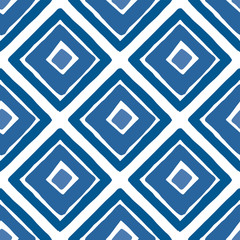 Blue ink squares and rhombuses isolated on white background. Abstract painted seamless pattern. Hand drawn vector graphic illustration. Texture.