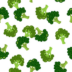 Hand drawn seamless vector pattern of broccoli. Vegetarian food background. Cartoon style. Green vegetables.