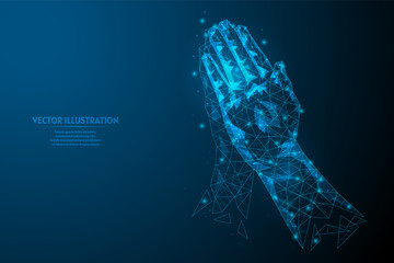 Close-up hands of a man pressed palm to each other. Prayer pose. Concept of religion, faith, yoga, help. Greeting with a gesture of namaste. 3d low poly wireframe model vector illustration. - obrazy, fototapety, plakaty