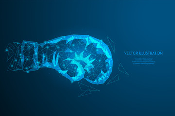 Close up of a boxing glove. The concept of shock, sports, health, overcoming conflict, business problem solving. 3d low poly wireframe model vector illustration.