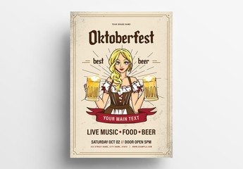 Oktoberfest Poster Flyer Layout with Barmaid Holding Beer