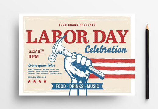 Labor Day Flyer Layout with Hand Holding Hammer and American Flag