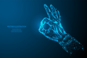 Close-up hand shows gesture ok, gesture is good. The concept of communication, business, education. Innovative design. 3d low poly wireframe model vector illustration.