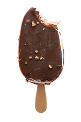 bitten chocolate-coated ice cream isolated on white