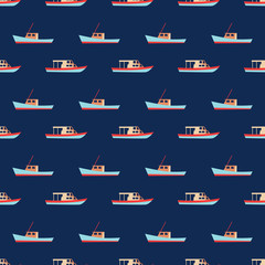 Cute sea pattern with pink fishing or sailing boat drawings. Colorful kid style. Marine illustration. Vector