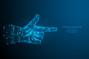 The index finger of a man close-up. Hand gesture. The concept of the idea of an innovative business, technology, medicine. 3d low poly wireframe model vector illustration.