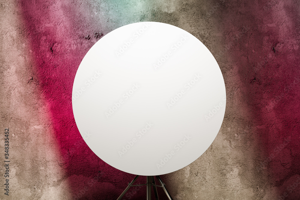 Poster blank round signboard mockup. empty circular template on tripod. ad. copy space. empty space. 3d ren