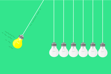 Idea bulb, concept of thinking and transferring information. Newton balance ball and side by side bulbs.