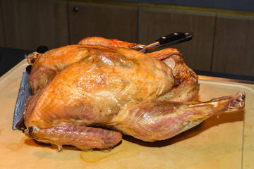Christmas or Thanksgiving turkey on rustic wooden table