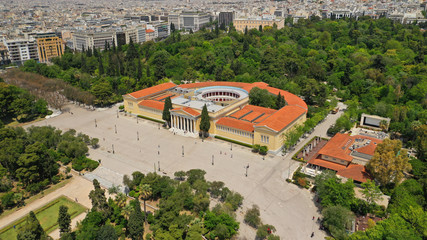 Aerial photo taken by drone of iconic public landmark Zappeio hall used for events, Athens centre,...