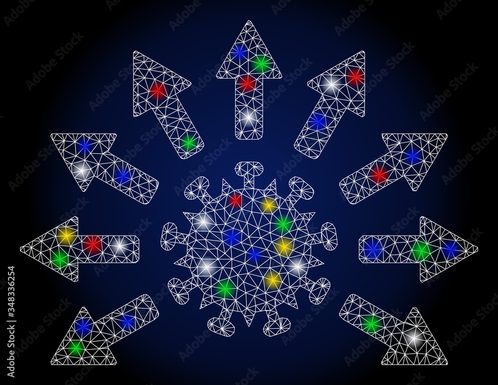 Poster glossy mesh virus distribution with glare effect. abstract illuminated vector model of virus distrib