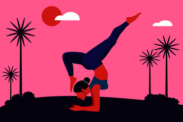 Woman practicing yoga exercise outdoor, yoga pose. international yoga day Illustration