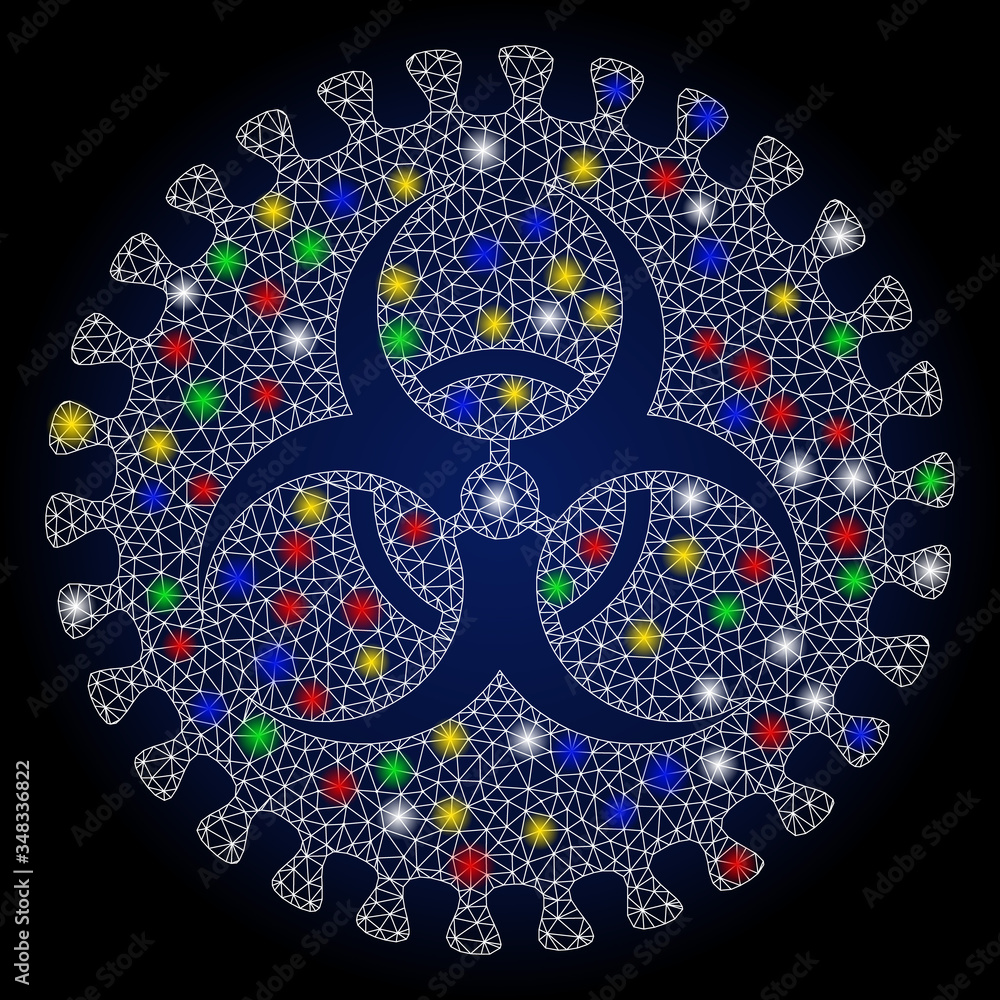 Poster flare mesh virus hazard with glitter effect. abstract illuminated vector model of virus hazard icon 