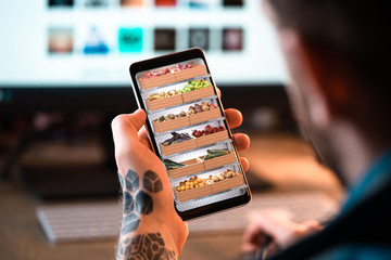 Man Holding Mobile Phone and Choosing Fresh Products Online in App. 3d Rendering