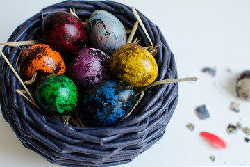 Easter painted quail eggs placed in wicker basket filled straw decorating with red feathers and peel,  top view on white background