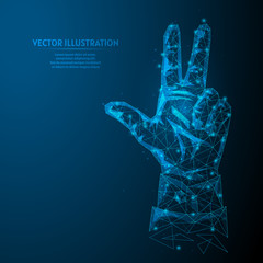 Hand of a young businessman shows three fingers. The concept of business, analytics, calculations, forecasts. Business Innovation. 3d low poly wireframe model vector illustration.