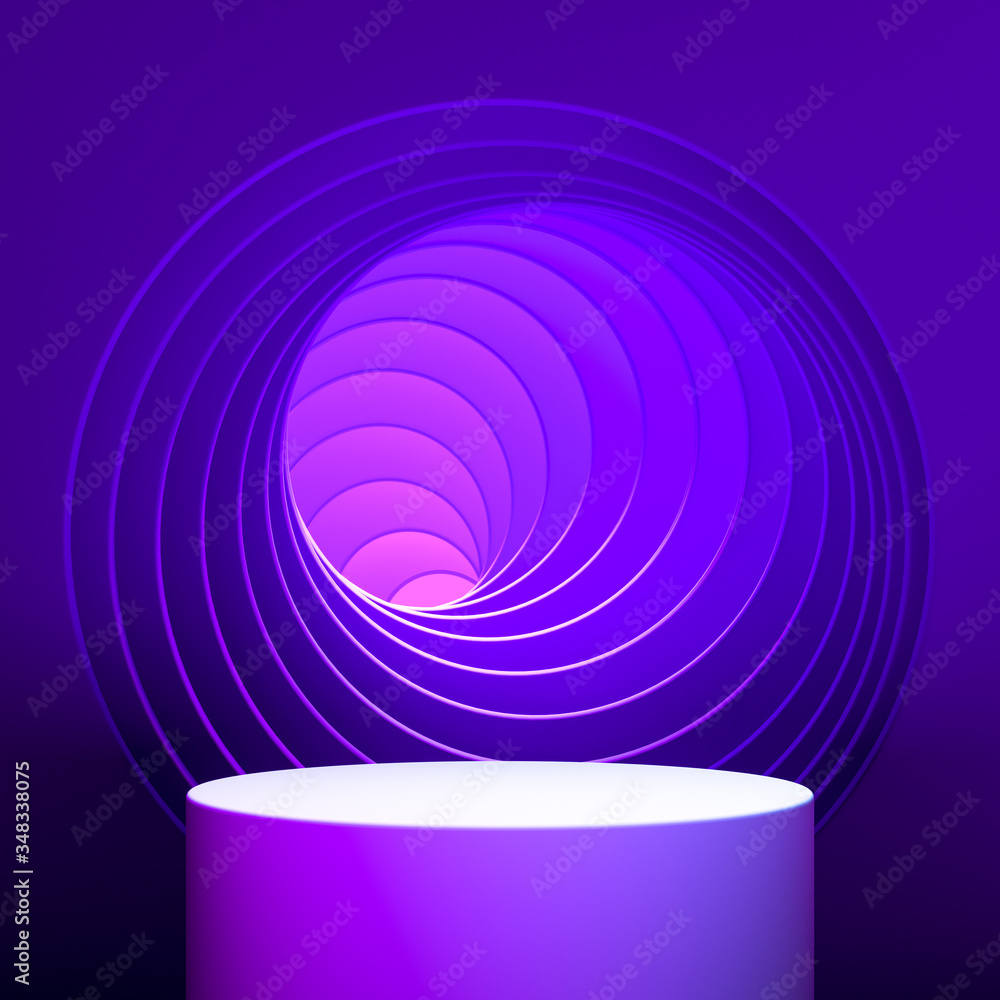 Poster violet round showcase with empty space on pedestal on violet and pink background near geometric arch