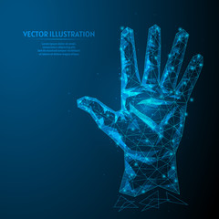 Man's hand shows five fingers close-up. Palm and fingers. Business concept. Innovative technology. 3d low poly wireframe model vector illustration.