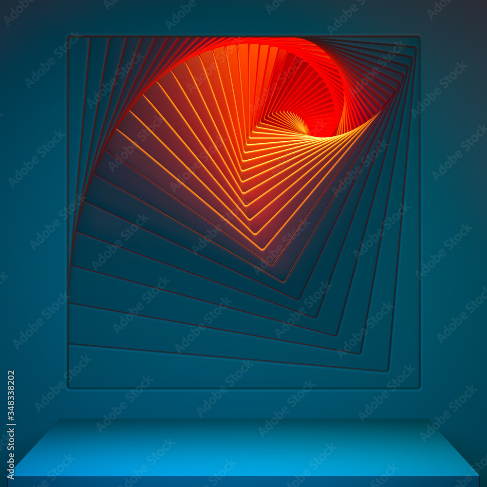 Poster blue foursquare showcase with empty space on pedestal on blue and orange background near abstract ge