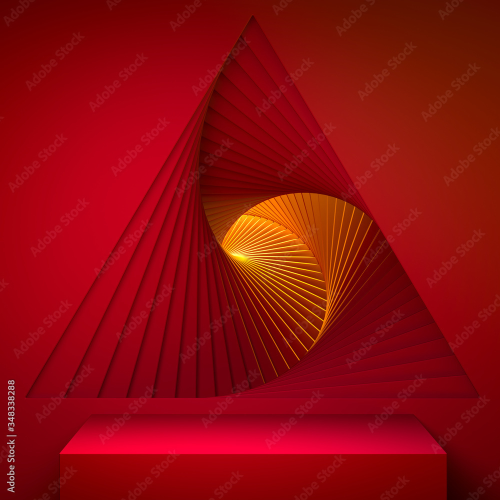 Poster red foursquare showcase with empty space on pedestal on red and orange background near abstract geom
