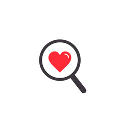 Search heart or love icon, vector. Magnifying glass with heart inside. Dating concept illustration