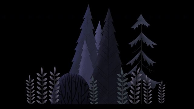 Seamless loop. Group of evergreen trees, grass and bushes swinging in wind. Pale grey colors at night. Animated vector illustration with brushes isolated on black background with alpha luma matte.