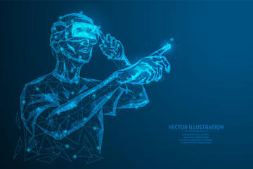 Fototapeta na wymiar Man with glasses, helmet of additional virtual reality. Online studies, data analysis, diagnostics, science, VR games. Innovative gaming entertainment technology. low poly vector illustration.