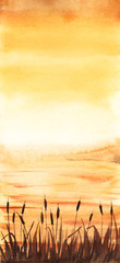 Beautiful watercolor landscape in warm orange tones. Glowing sunset sky merging with water surface, dark silhouettes of cattail in front view. Hand drawn summer illustration full of shine and romance