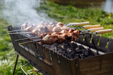 barbecue on the grill brazier in the coniferous forest. Kebab, shashlyk. Picnic in the forest