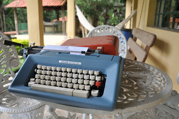 close up of vintage blue typewriter