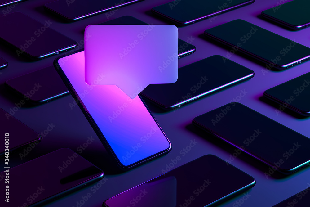 Poster blank message notification. speech bubble on mobile phone with multicolored screen. social media con