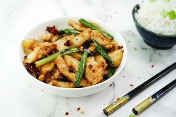 Fish with dry chilli pepper served with jasmine rice