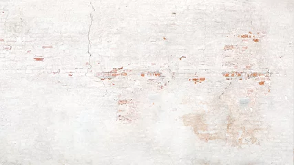 Foto op Plexiglas Wand Bakstenen muurtextuur met wit sjofel stucwerk, pleister. Rode en witte brickwallachtergrond, witte stonewall-oppervlakte. Gepleisterde muur met wit ongelijk stucwerk met scheuren en beschadigingen.