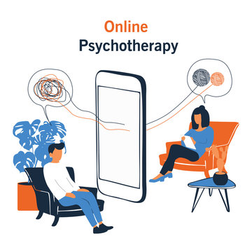 Online psychotherapy concept. Psychologist doctor helps patient to unravel tangled thoughts. Psychological problems, mental disorder. Online help