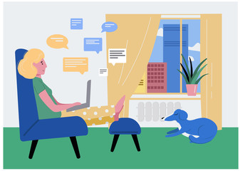 Illustration of a girl who works on a laptop and sitting in an armchair in home interiors with her dog. Bright illustration about working from home in a comfortable environment.