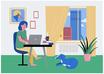 Vector illustration of a woman in the home interior. Bright interior workplace at home.