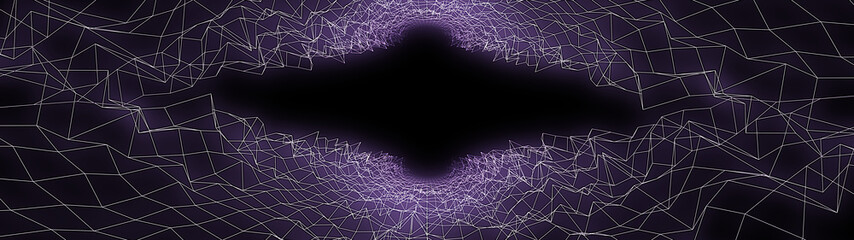 Retro background. 3D Wireframe mountain terrain on black background. Low Poly Geometric Mountain Landscape. 3d Cyberspace Grid. 80-s style digital wireframe landscape.