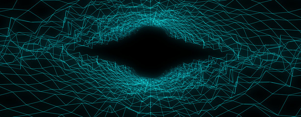 Retro background. 3D Wireframe mountain terrain on black background. Low Poly Geometric Mountain Landscape. 3d Cyberspace Grid. 80-s style digital wireframe landscape.